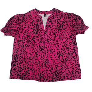 Shein Curve 2XL Pink & Black Cheetah Print V Neck Smocked Puff Sleeve